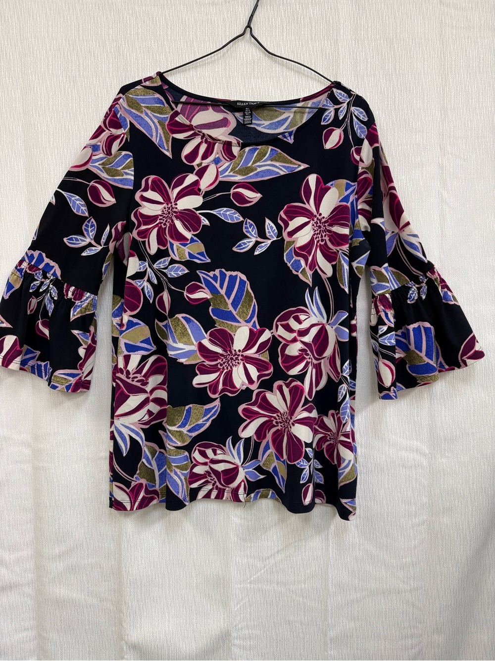 Ellen Tracy Black Floral Bell-Sleeve top with dark Pink and Blue Accents